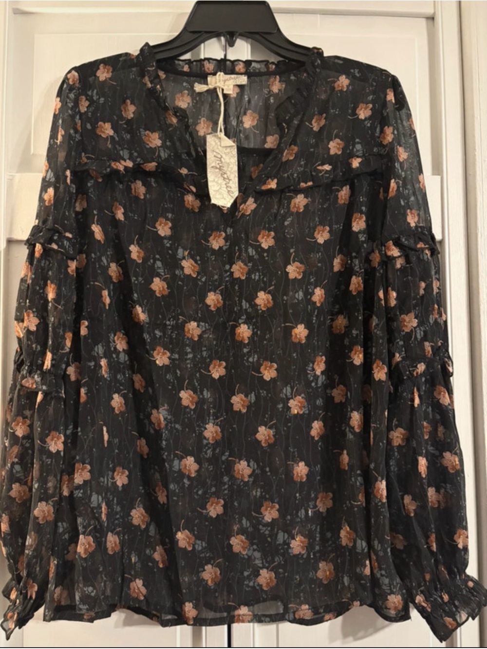 Mystree Black Sheer Floral Peasant Blouse